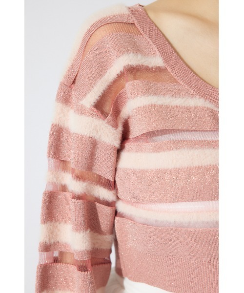 rienda（リエンダ）の「シアーボーダーニットカーディガン　シアートップス 春服（カーディガン/ボレロ・レディース・ホワイト/グリーン/ピンク・FREE）」の4枚目の写真