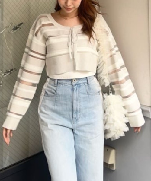 rienda（リエンダ）の「シアーボーダーニットカーディガン　シアートップス 春服（カーディガン/ボレロ・レディース・ホワイト/グリーン/ピンク・FREE）」の5枚目の写真