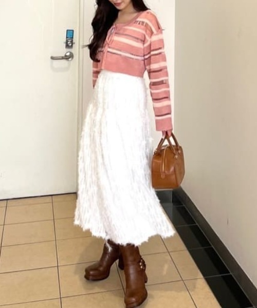 rienda（リエンダ）の「シアーボーダーニットカーディガン　シアートップス 春服（カーディガン/ボレロ・レディース・ホワイト/グリーン/ピンク・FREE）」の6枚目の写真