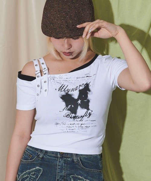 dispark(ディスパーク)の「DISPARK/バタフライオフショルピチT(Tシャツ/カットソー・レディース・ホワイト/ブラック・FREE)」の2枚目の写真