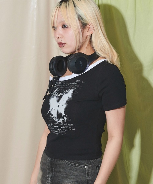 dispark(ディスパーク)の「DISPARK/バタフライオフショルピチT(Tシャツ/カットソー・レディース・ホワイト/ブラック・FREE)」の10枚目の写真