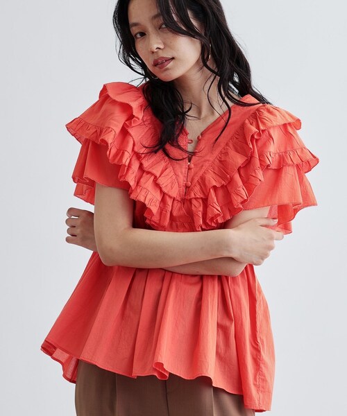 GALLEST（ギャレスト）の「フリルレイヤードコットンブラウス（シャツ/ブラウス・レディース・オレンジ/ブラック・38）」の13枚目の写真