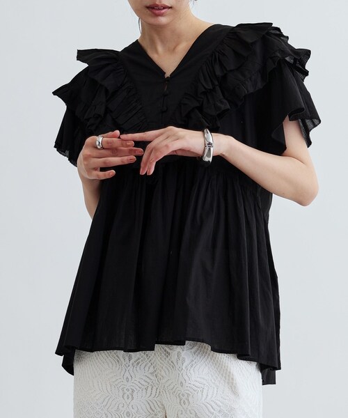 GALLEST（ギャレスト）の「フリルレイヤードコットンブラウス（シャツ/ブラウス・レディース・オレンジ/ブラック・38）」の6枚目の写真