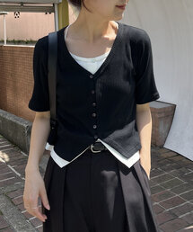 CAPRICIEUX LE'MAGE | 【簡単にお洒落見え】カーディガン風バイカラーレイヤードプルオーバー(Tシャツ/カットソー)