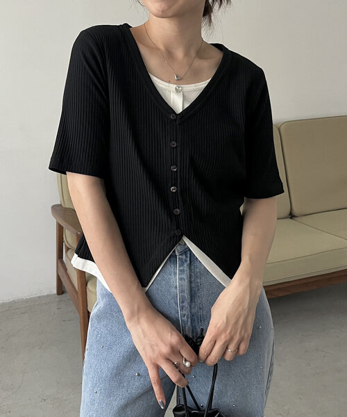 セール】カーディガン風バイカラーレイヤードプルオーバー（Tシャツ