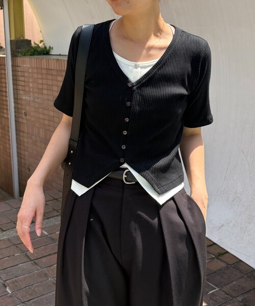 カーディガン風バイカラーレイヤードプルオーバー（Tシャツ