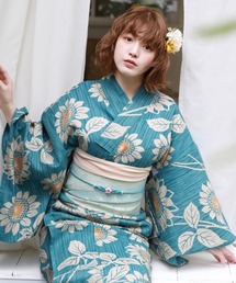 和なでしこ（ワナデシコ）の「変わり織り綿麻浴衣3点セット「水色地にひまわり」（浴衣）」