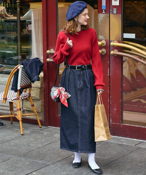 BONLECILL（ボンルシール）の「【デニムジャケットとセットアップ対応】パリジェンヌデニムタックスカート（デニムスカート・レディース・ネイビー・S/M/L）」の5枚目の写真