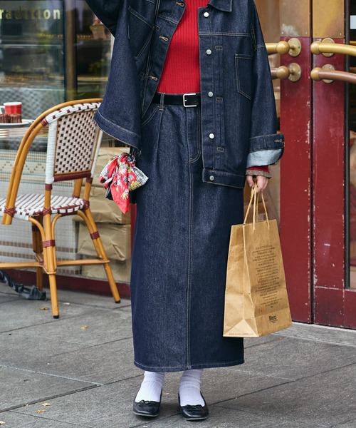 BONLECILL（ボンルシール）の「【デニムジャケットとセットアップ対応】パリジェンヌデニムタックスカート（デニムスカート・レディース・ネイビー・S/M/L）」の3枚目の写真