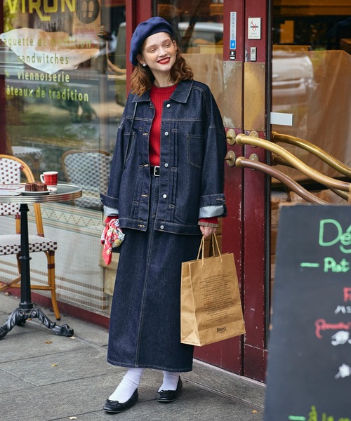 BONLECILL（ボンルシール）の「【デニムジャケットとセットアップ対応】パリジェンヌデニムタックスカート（デニムスカート・レディース・ネイビー・S/M/L）」の13枚目の写真