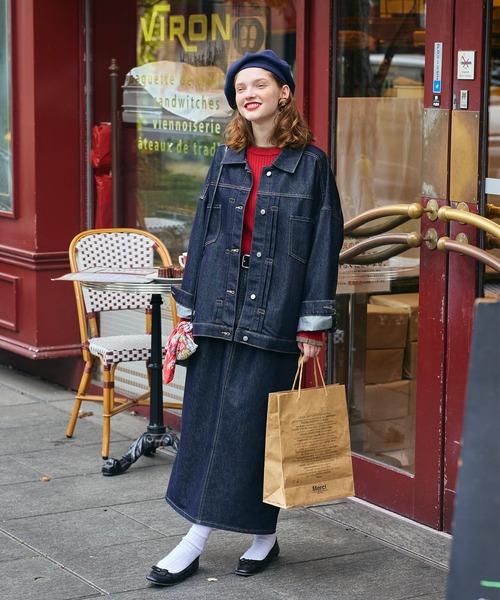 BONLECILL（ボンルシール）の「【デニムジャケットとセットアップ対応】パリジェンヌデニムタックスカート（デニムスカート・レディース・ネイビー・S/M/L）」の14枚目の写真