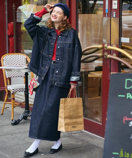 BONLECILL（ボンルシール）の「【デニムジャケットとセットアップ対応】パリジェンヌデニムタックスカート（デニムスカート・レディース・ネイビー・S/M/L）」の15枚目の写真