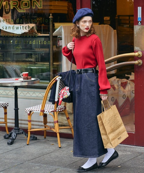 BONLECILL（ボンルシール）の「【デニムジャケットとセットアップ対応】パリジェンヌデニムタックスカート（デニムスカート・レディース・ネイビー・S/M/L）」の12枚目の写真