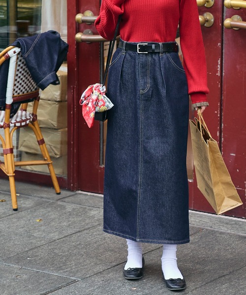 BONLECILL（ボンルシール）の「【デニムジャケットとセットアップ対応】パリジェンヌデニムタックスカート（デニムスカート・レディース・ネイビー・S/M/L）」の7枚目の写真