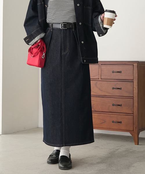 BONLECILL（ボンルシール）の「【デニムジャケットとセットアップ対応】パリジェンヌデニムタックスカート（デニムスカート・レディース・ネイビー・S/M/L）」の18枚目の写真