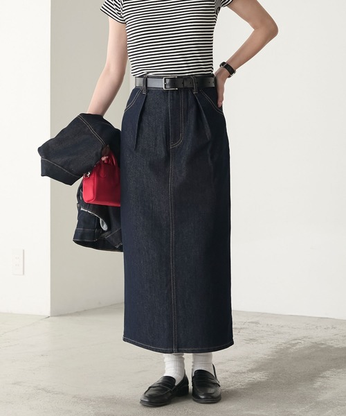 BONLECILL（ボンルシール）の「【デニムジャケットとセットアップ対応】パリジェンヌデニムタックスカート（デニムスカート・レディース・ネイビー・S/M/L）」の17枚目の写真