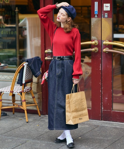 BONLECILL（ボンルシール）の「【デニムジャケットとセットアップ対応】パリジェンヌデニムタックスカート（デニムスカート・レディース・ネイビー・S/M/L）」の4枚目の写真