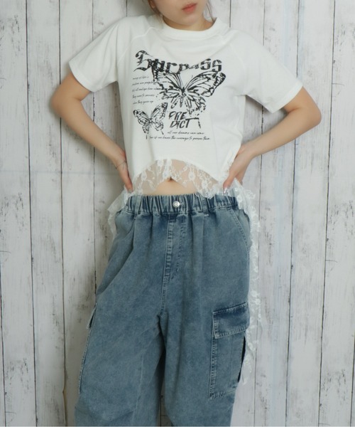 tシャツ ヴィンテージバタフライクロップドTシャツ レディース メンズ セール】【jiasecond.】デニムバタフライパッチショートTシャツ