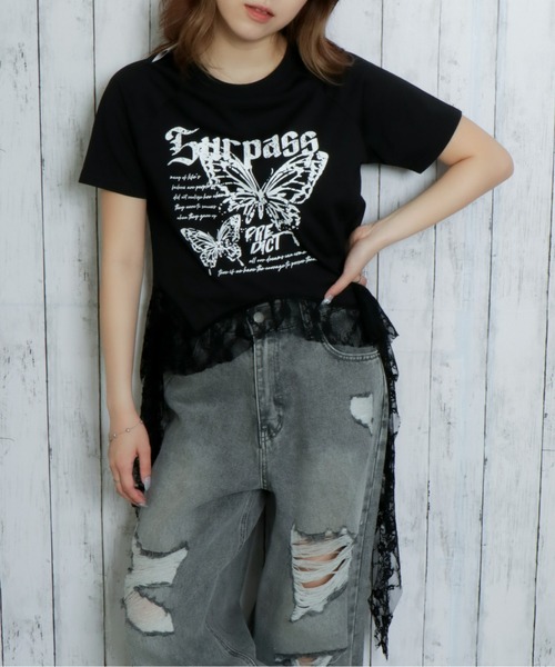 バタフライTシャツ DIAVEL tシャツ バタフライOR刺繍ロゴ/ サイドシャーリング