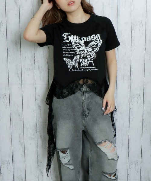 セール】バタフライクルクルレースTシャツ（Tシャツ/カットソー