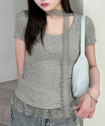 タイ付きレースドッキングTシャツ