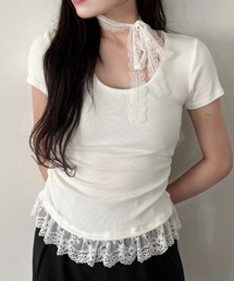 タイ付きレースドッキングTシャツ