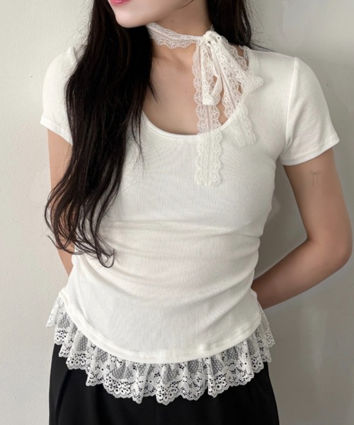 mellowneon(メロウネオン)の「タイ付きレースドッキングTシャツ(Tシャツ/カットソー・レディース・アイボリー/ブラック/グレー・FREE)」の2枚目の写真