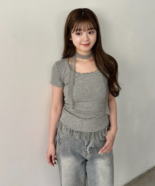 mellowneon(メロウネオン)の「タイ付きレースドッキングTシャツ(Tシャツ/カットソー・レディース・アイボリー/ブラック/グレー・FREE)」の12枚目の写真