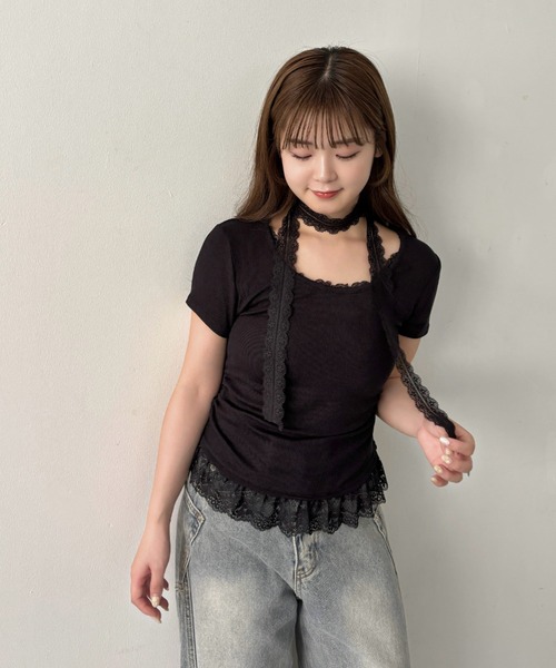 mellowneon(メロウネオン)の「タイ付きレースドッキングTシャツ(Tシャツ/カットソー・レディース・アイボリー/ブラック/グレー・FREE)」の10枚目の写真
