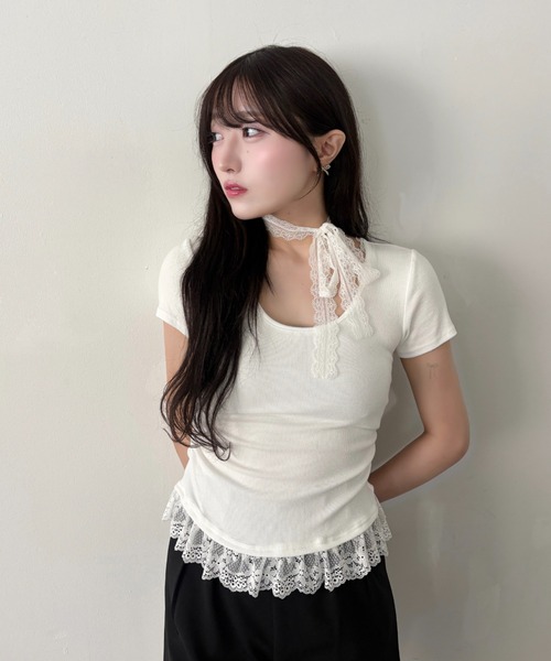 mellowneon(メロウネオン)の「タイ付きレースドッキングTシャツ(Tシャツ/カットソー・レディース・アイボリー/ブラック/グレー・FREE)」の7枚目の写真