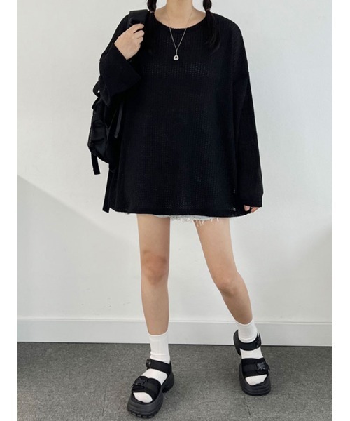 NANAHACHI(ナナハチ)の「メッシュニット プルオーバー 長袖(ニット/セーター・レディース・アイボリー/ブラック/カーキ・FREE)」の9枚目の写真