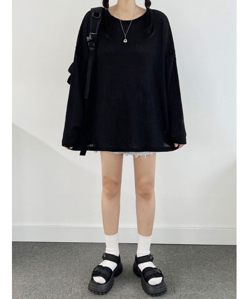 NANAHACHI(ナナハチ)の「メッシュニット プルオーバー 長袖(ニット/セーター・レディース・アイボリー/ブラック/カーキ・FREE)」の7枚目の写真