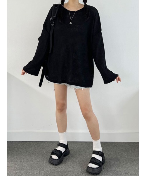 NANAHACHI(ナナハチ)の「メッシュニット プルオーバー 長袖(ニット/セーター・レディース・アイボリー/ブラック/カーキ・FREE)」の6枚目の写真