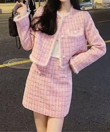 [極美品]マニエル　ピンクツイードノーカラーxキュロットセットアップ　総柄　切替 SALE!!】【即日発送】【ハロウィン】 ツイードセットアップバニー