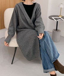 フード付き ロング丈 ニット カーディガン