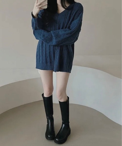 kirakiraShop(キラキラショップ)の「ざっくり感がかわいい、大人の抜け感ニット。Vネック オーバー サイズ ニット(ニット/セーター・レディース・クリーム/レッド/チャコール/ネイビー・FREE)」の14枚目の写真
