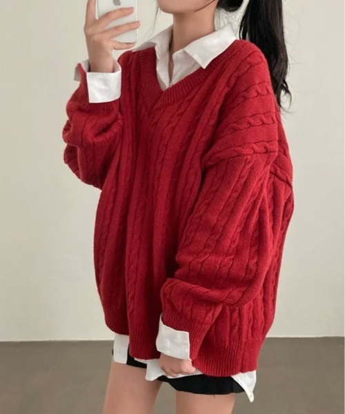 kirakiraShop(キラキラショップ)の「ざっくり感がかわいい、大人の抜け感ニット。Vネック オーバー サイズ ニット(ニット/セーター・レディース・クリーム/レッド/チャコール/ネイビー・FREE)」の15枚目の写真