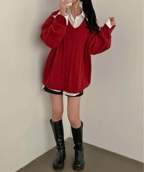 kirakiraShop(キラキラショップ)の「ざっくり感がかわいい、大人の抜け感ニット。Vネック オーバー サイズ ニット(ニット/セーター・レディース・クリーム/レッド/チャコール/ネイビー・FREE)」の18枚目の写真