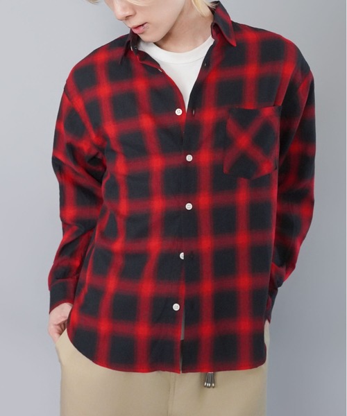 長袖オンブレチェックシャツ/ネルシャツ/秋冬新作/レギュラー丈