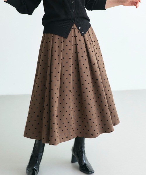 洗える ｜ ドット ＆ リボン フロッキー タック フレア スカート