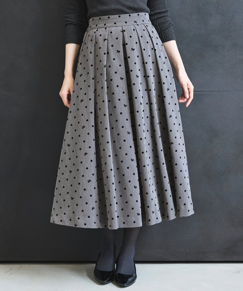 洗える ｜ ドット ＆ リボン フロッキー タック フレア スカート