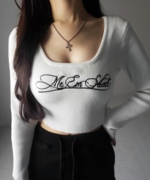 【 3color 】 レタリングロゴ刺繍スクエアネックショートリブニットトップス / lettering logo embroidery square neck short rib knit tops
