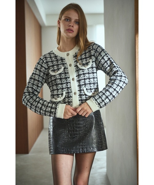 Estella.K(エステラケー)の「Scarlett Knit Cardigan ツィードブークレーチェックカーディガン(カーディガン/ボレロ・レディース・ネイビー系/ブラック系・FREE)」の1枚目の写真