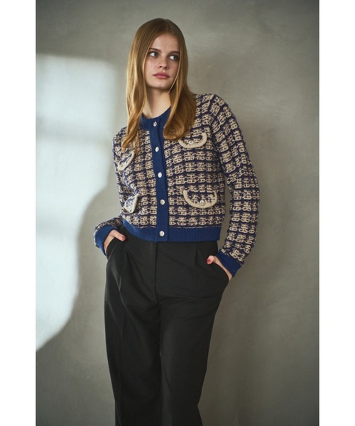 Estella.K(エステラケー)の「Scarlett Knit Cardigan ツィードブークレーチェックカーディガン(カーディガン/ボレロ・レディース・ネイビー系/ブラック系・FREE)」の16枚目の写真