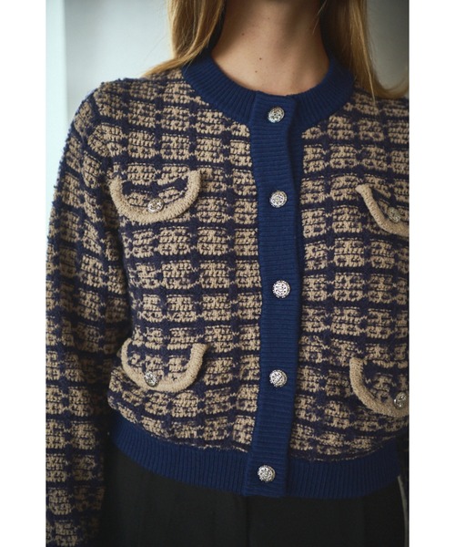 Estella.K(エステラケー)の「Scarlett Knit Cardigan ツィードブークレーチェックカーディガン(カーディガン/ボレロ・レディース・ネイビー系/ブラック系・FREE)」の14枚目の写真