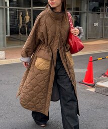 襟ボア配色キルティングロングコート