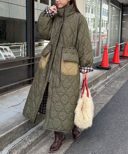 セール】襟ボア配色キルティングロングコート（その他アウター