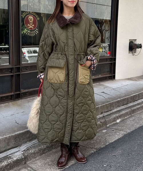 CIAOPANIC（チャオパニック）の「襟ボア配色キルティングロングコート