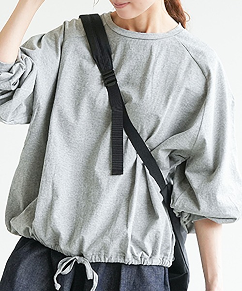 SOLAMONAT(ソラモナ)の「パフ天竺 裾ヒモ長袖 プルオーバー(Tシャツ/カットソー・レディース・杢グレー/ホワイト/ライトピンク/ライトブルー/ブラック・FREE)」の1枚目の写真