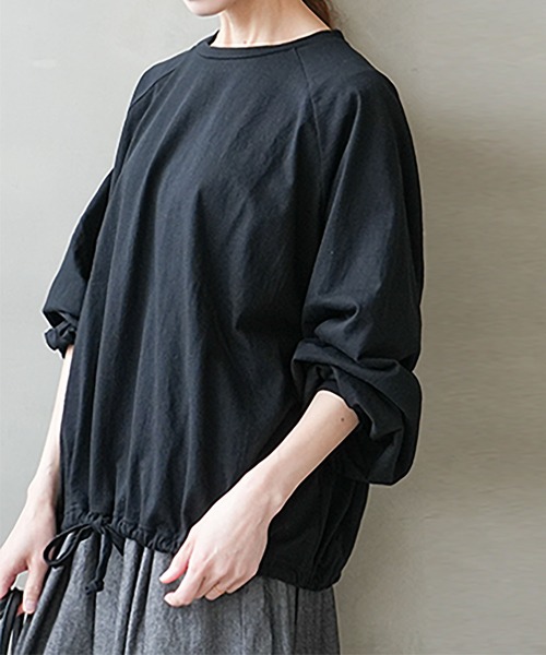 SOLAMONAT(ソラモナ)の「パフ天竺 裾ヒモ長袖 プルオーバー(Tシャツ/カットソー・レディース・杢グレー/ホワイト/ライトピンク/ライトブルー/ブラック・FREE)」の3枚目の写真